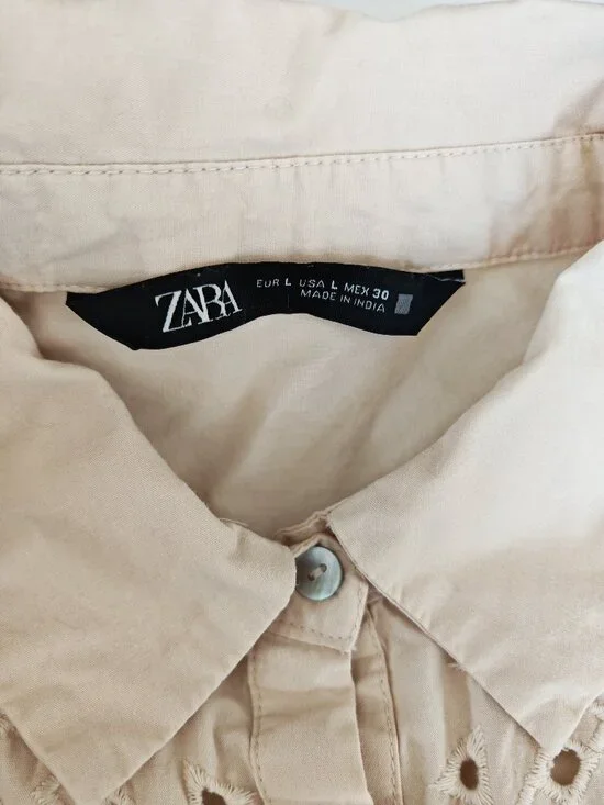 ZARA Embroidered Eyelet Blouse Size L Cream Boho Peasant Top Button Front Tunic - Picture 7 of 14
